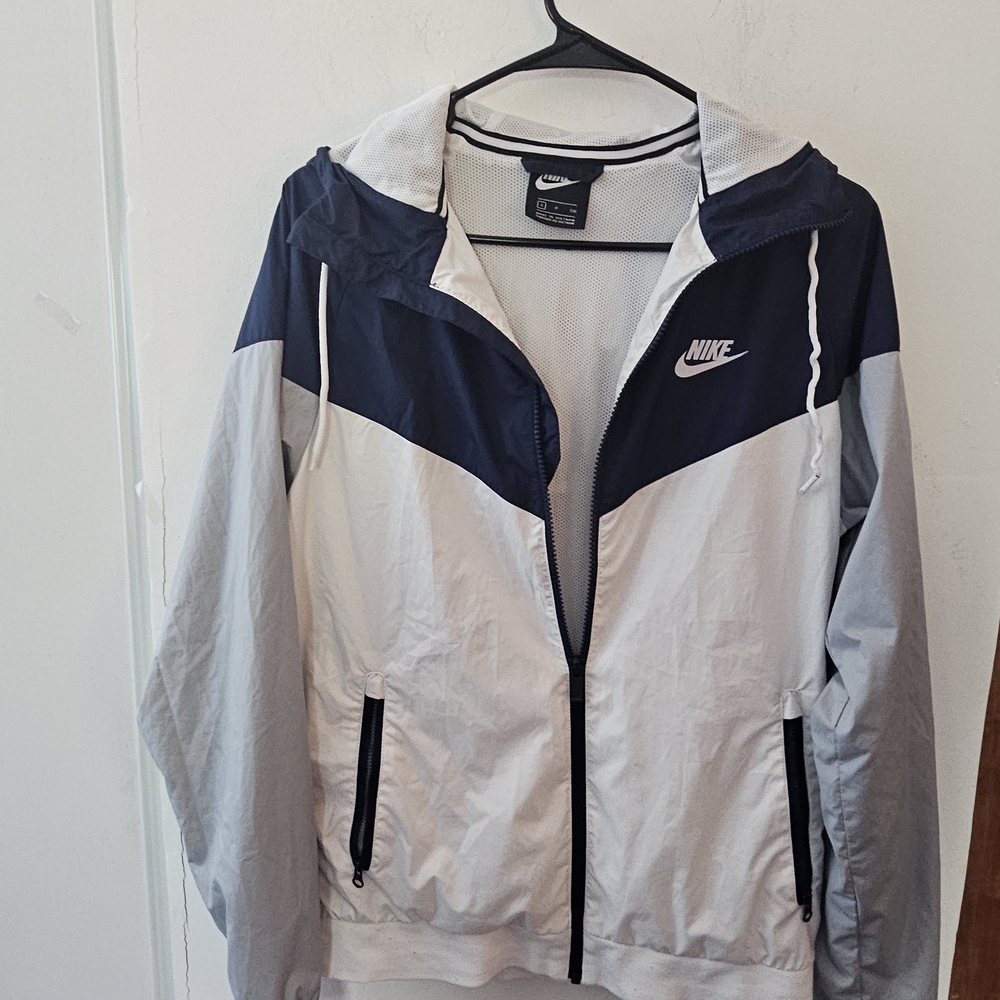 Nike Windbreaker Jacket Small Navy Gray White Hooded Full Zip Jacket - Picture 6 of 8